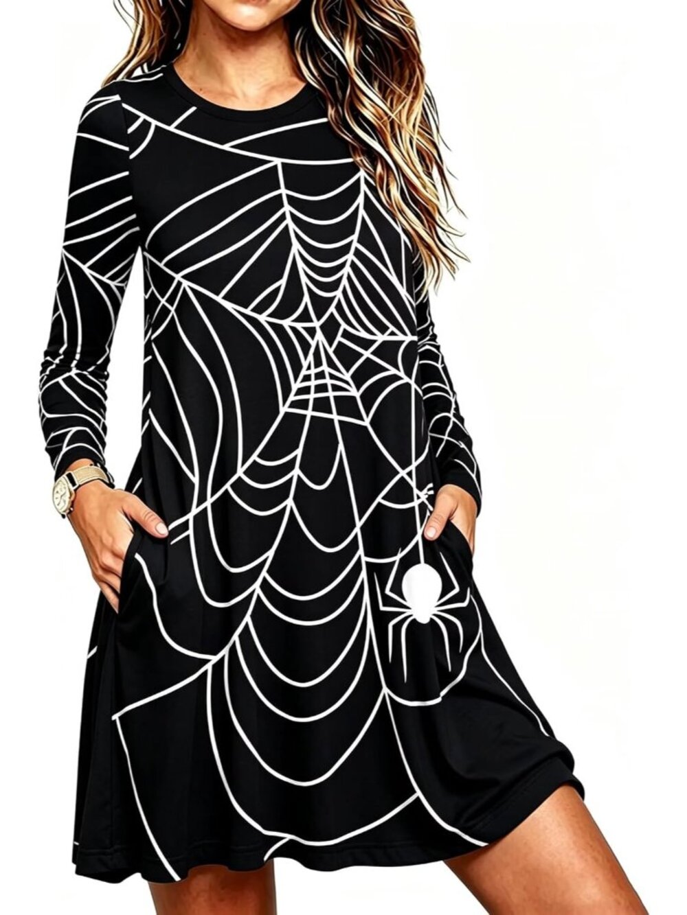 🆕Women's Halloween Spider Web Black Long Sleeve Swing Dress Pockets